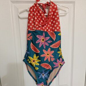 Tea polka dot and flower halter swimsuit